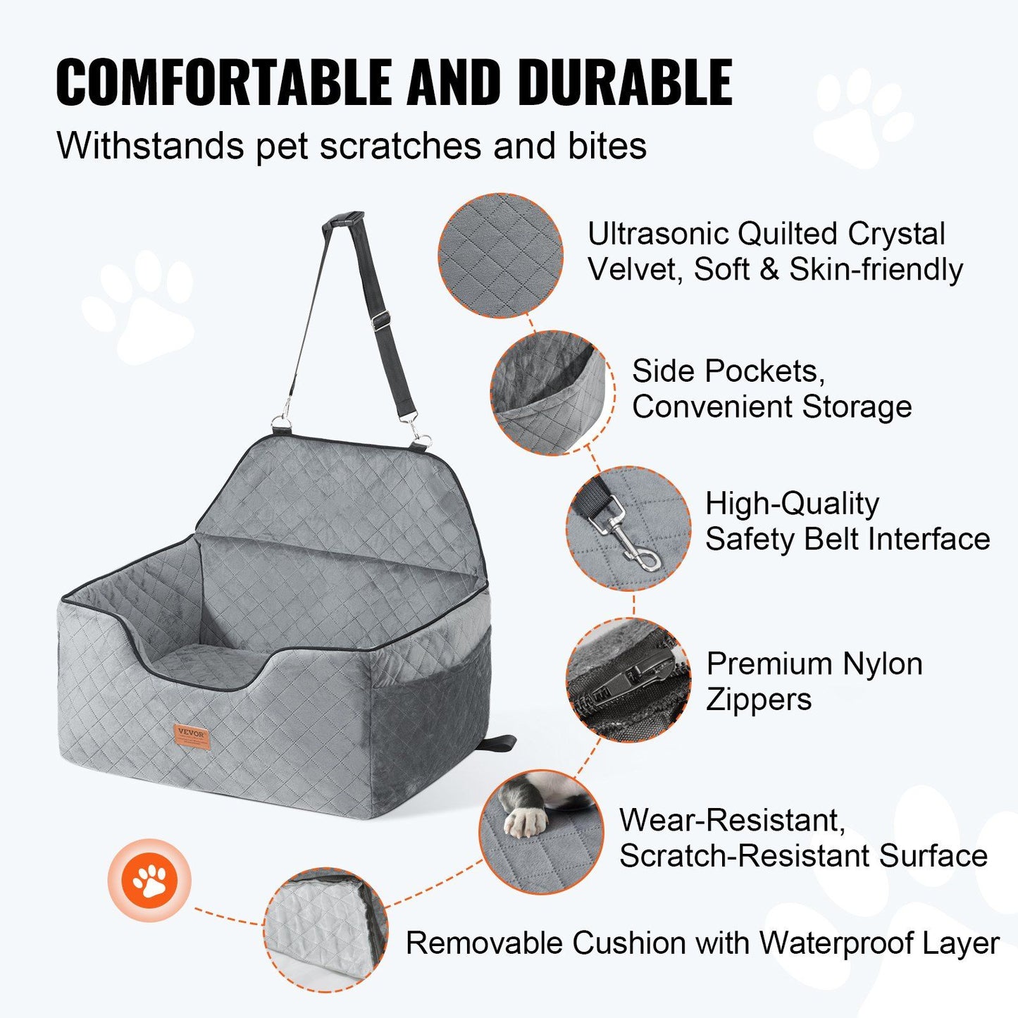 Dog Car Seat Booster with Safety Leash | Grey
