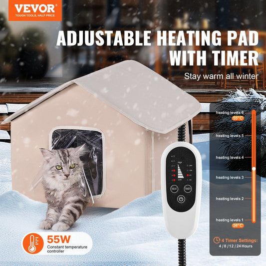 Elevated Heated Cat House with Timer | Brown Outdoor Shelter