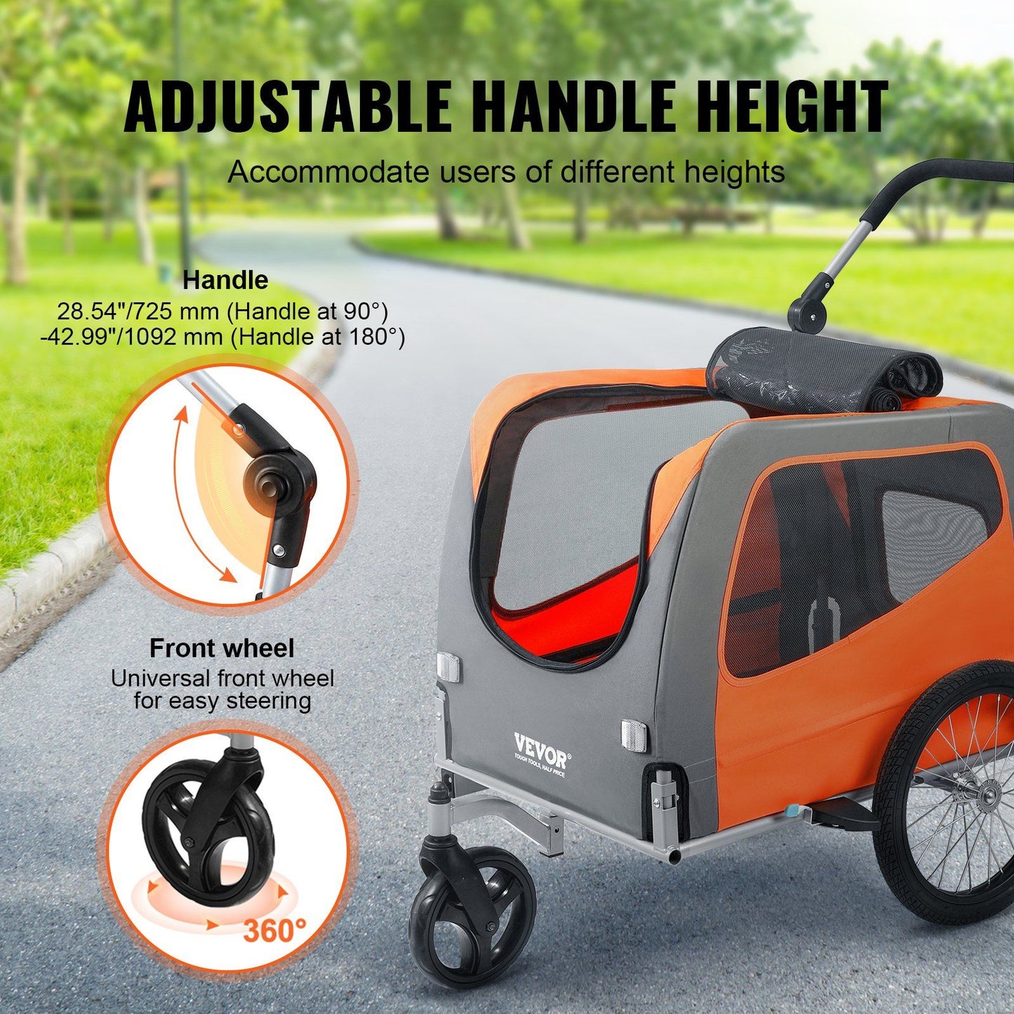 Dog Bike Trailer | 30KG Capacity | 2-in-1 Pet Stroller Cart | Orange/Gray