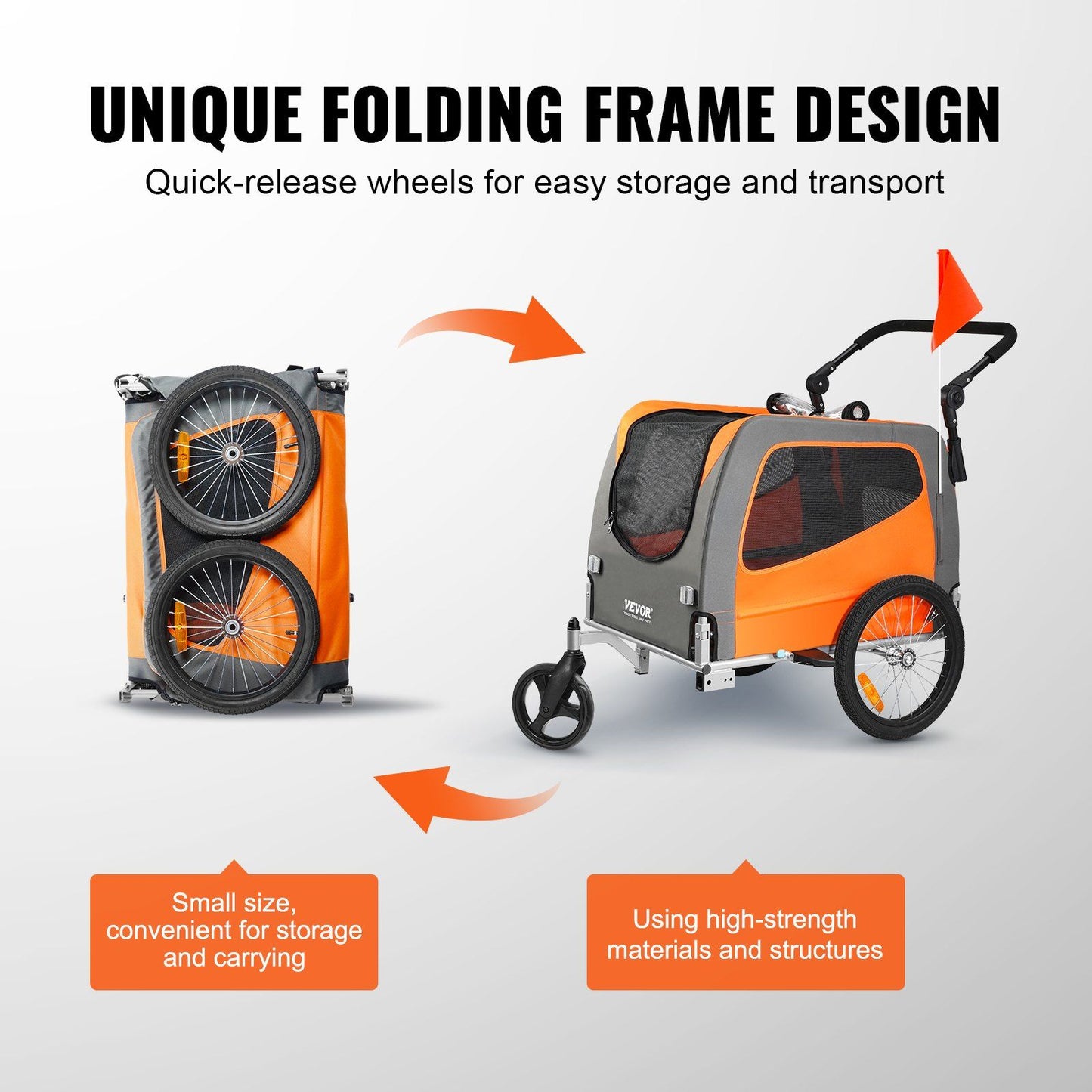 Dog Bike Trailer | 30KG Capacity | 2-in-1 Pet Stroller Cart | Orange/Gray