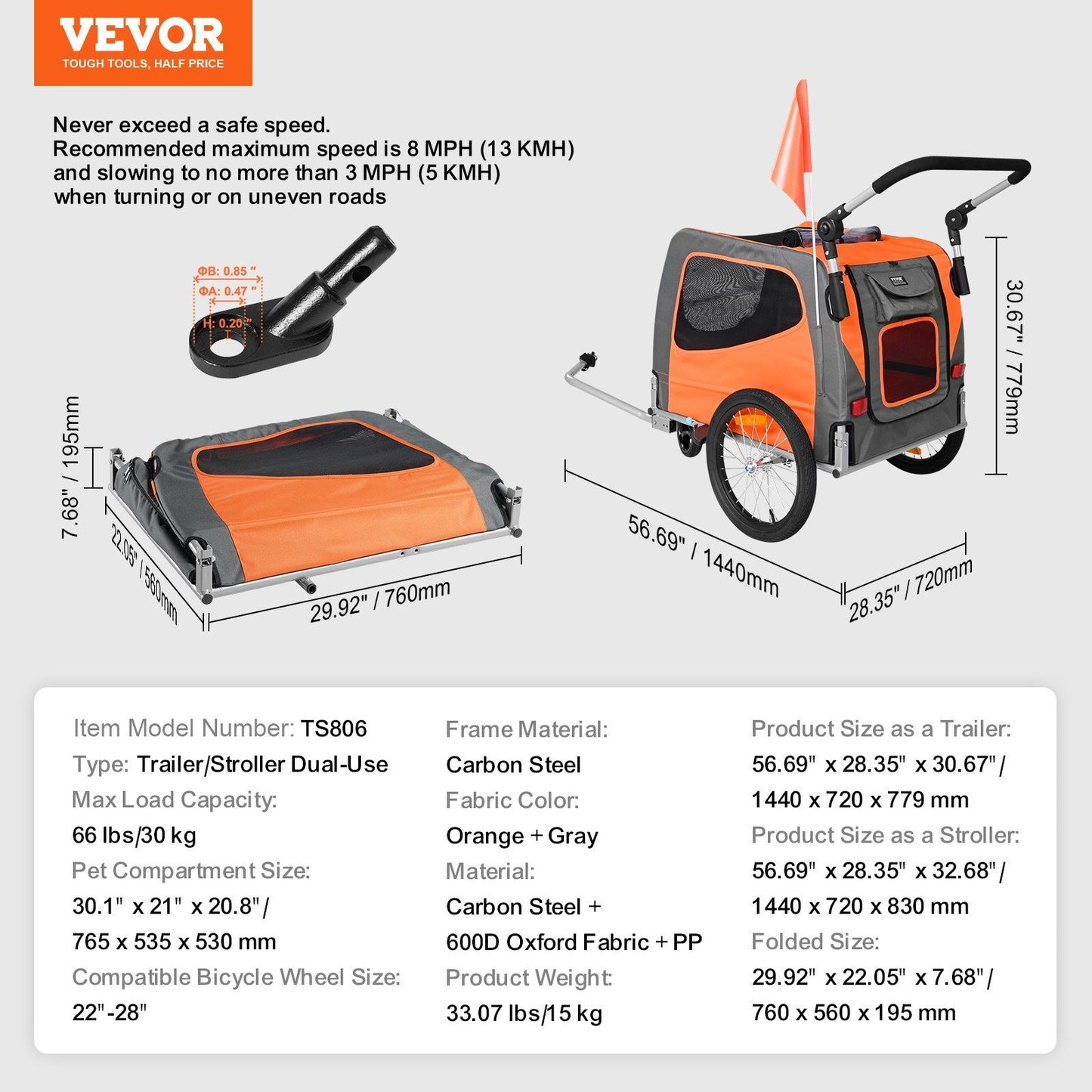 Dog Bike Trailer | 30KG Capacity | 2-in-1 Pet Stroller Cart | Orange/Gray