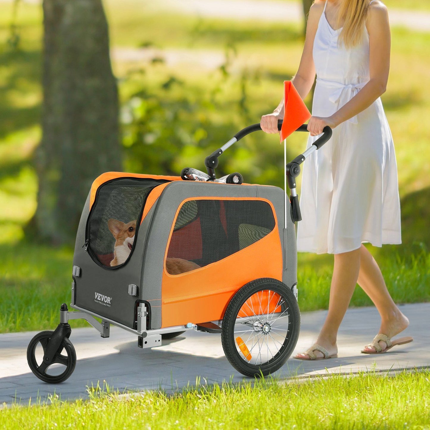 Dog Bike Trailer | 30KG Capacity | 2-in-1 Pet Stroller Cart | Orange/Gray