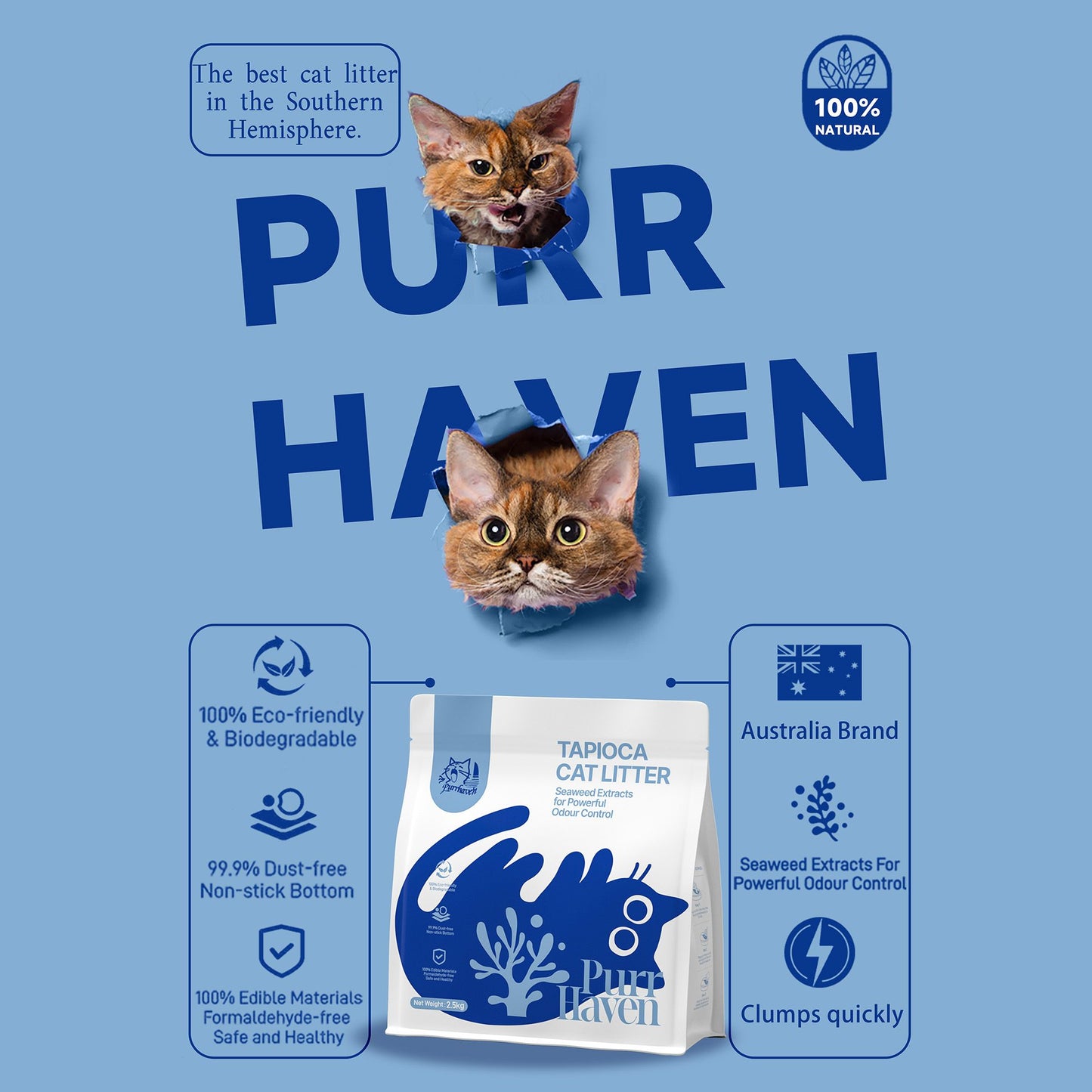 PurrHaven Tapioca Clumping Cat Litter | 7.5kg x 3 Pack | Odour Neutraliser